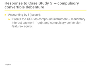 Page 31
Response to Case Study 5 – compulsory
convertible debenture
► Accounting by I (issuer):
► I treats the CCD as comp...