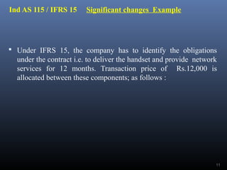 Ind AS 115 / IFRS 15 Significant changes Example
 Under IFRS 15, the company has to identify the obligations
under the contract i.e. to deliver the handset and provide network
services for 12 months. Transaction price of Rs.12,000 is
allocated between these components; as follows :
11
 