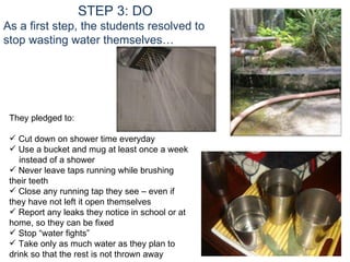 STEP 3: DO As a first step, the students resolved to stop wasting water themselves… They pledged to: Cut down on shower time everyday Use a bucket and mug at least once a week  instead of a shower Never leave taps running while brushing their teeth  Close any running tap they see – even if they have not left it open themselves Report any leaks they notice in school or at home, so they can be fixed Stop “water fights”  Take only as much water as they plan to drink so that the rest is not thrown away 