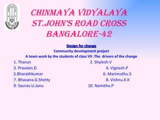 Chinmaya Vidyalaya St.John’s Road cross Bangalore-42 Design for change Community development project A team work by the students of class VII .The  drivers of the change 1. Tharun    2. Shylesh.V 3. Praveen.D   4. Vignesh.P 5.Bharathkumar   6. Marimuthu.S 7. Bhavana.G.Shetty   8. Vishnu.K.K 9. Saurav.U.Janu   10. Namitha.P 