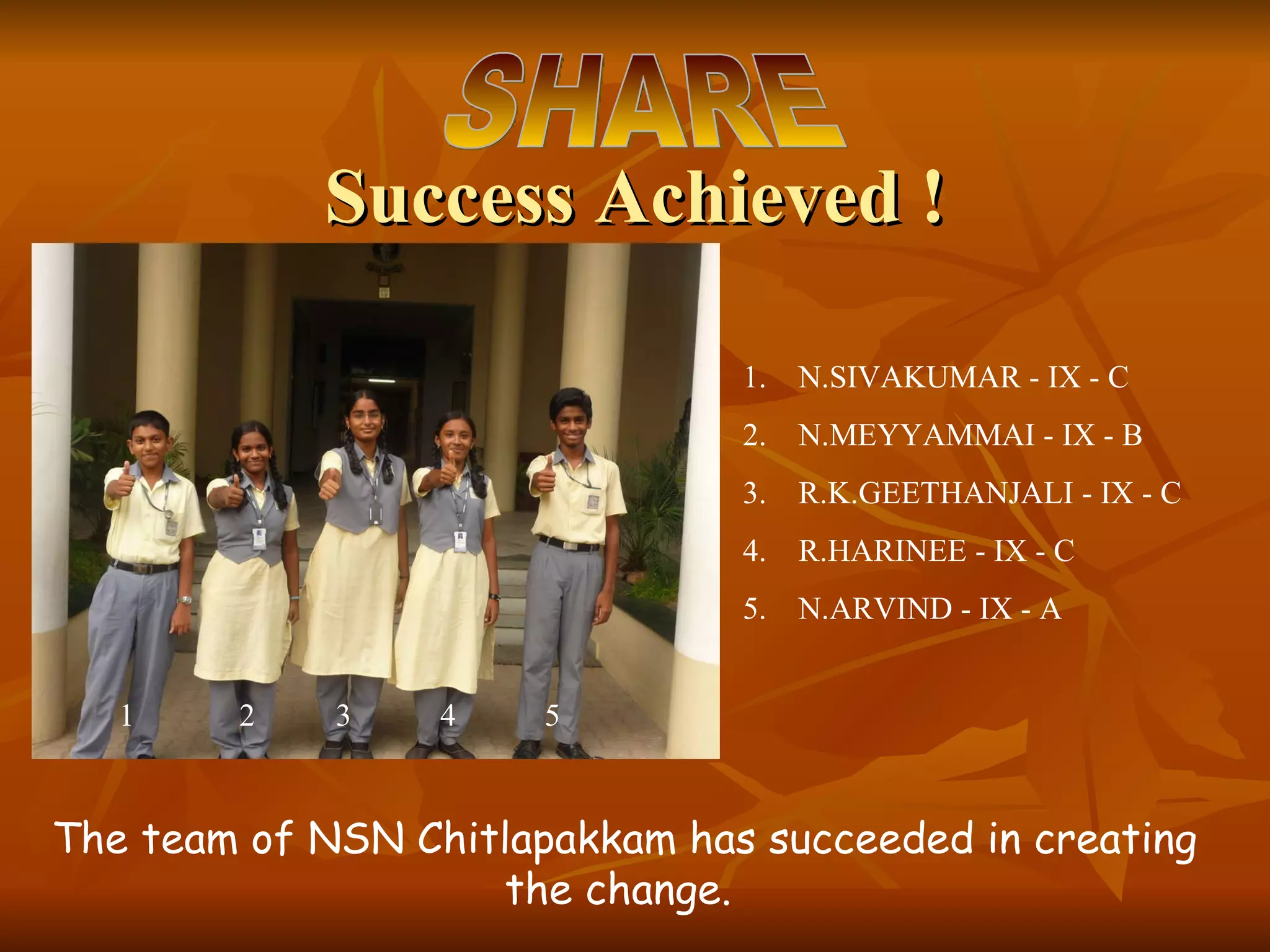 Success Achieved ! N.SIVAKUMAR - IX - C N.MEYYAMMAI - IX - B R.K.GEETHANJALI - IX - C R.HARINEE - IX - C N.ARVIND - IX - A 1  2  3  4  5 The team of NSN Chitlapakkam has succeeded in creating the change.  SHARE 