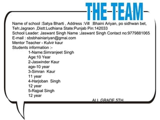Name of school :Satya Bharti , Address :Vill  :Bhaini Ariyan, po sidhwan bet, Teh:Jagraon ,Distt:Ludhiana State:Punjab Pin:142033 School Leader: Jaswant Singh Name :Jaswant Singh Contact no:9779881065 E-mail : sbsbhainiariyan@gmai.com Mentor Teacher - Kulvir kaur Students information :- 1-Name:Simranjeet Singh Age:10 Year 2-Jaswinder Kaur age-10 year 3-Simran  Kaur 11 year 4-Harjoban  Singh 12 year 5-Rajpal Singh 12 year ALL GRADE 5TH. 