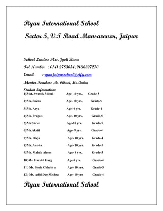 Ryan International School
 Sector 5, V.T Road Mansarovar, Jaipur


School Leader: Mrs. Jyoti Rana
Tel Number : 0141 2783654, 9166327270
Email          : ryanjaipurschool@sify.com
Mentor Teacher: Ms. Chhavi, Mr. Ankur
Student Information:
1)Mst. Swastik Mittal       Age- 10 yrs.   Grade-5

2)Ms. Sneha                 Age- 10 yrs.    Grade-5

3)Ms. Arya                  Age- 9 yrs.     Grade-4

4)Ms. Pragati               Age- 10 yrs.     Grade-5

5)Ms.Shruti                 Age-10 yrs.      Grade-5

6)Ms.Akriti                 Age- 9 yrs.      Grade-4

7)Ms. Divya                 Age- 10 yrs.     Grade-4

8)Ms. Anisha                Age- 10 yrs.     Grade-5

9)Ms. Mahak Aleem            Age- 8 yrs.     Grade-3

10)Ms. Harshil Garg         Age-9 yrs.       Grade-4

11) Ms. Sonia Chhabra       Age- 10 yrs.     Grade-5

12) Ms. Aditi Deo Mishra    Age- 10 yrs      Grade-4


Ryan International School
 