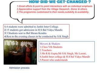 1.Great efforts & point to point interactions with an individual emphasis. 2.Appreciative support from the Village Sarpanch, Donor & others. 3.The programme customized to their needs,suitabilty & availability.  1 .4 students were admitted to Janhit Inter College. 2 .15 students got admission in H.S Bal Vidya Mandir. 3 .3 Students sent to Bal Shram Kendra. 4 .Rest to the evening classes to be conducted by S.K Singh Movers & Shakers 1.Class Vth Students 2.Teachers. 3.Mr.R.K Gupta,Mr S.K Singh, Ms Laxmi, 4.Janhit Inter college & H.S bal Vidya Mandir 5.Parent who understands Admission process 