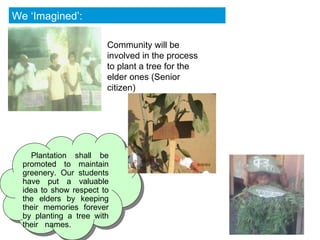 We ‘Imagined’: Community will be involved in the process to plant a tree for the elder ones (Senior citizen)  Plantation shall be promoted to maintain greenery. Our students have put a valuable idea to show respect to the elders by keeping their memories forever by planting a tree with their  names. 