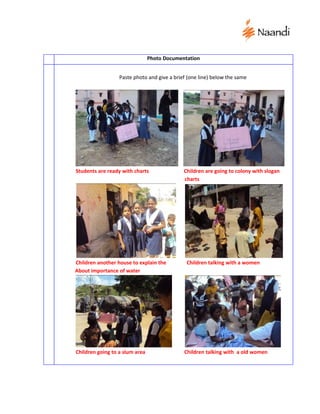 Photo Documentation


                  Paste photo and give a brief (one line) below the same




Students are ready with charts               Children are going to colony with slogan
                                             charts




Children another house to explain the         Children talking with a women
About importance of water




Children going to a slum area                Children talking with a old women
 