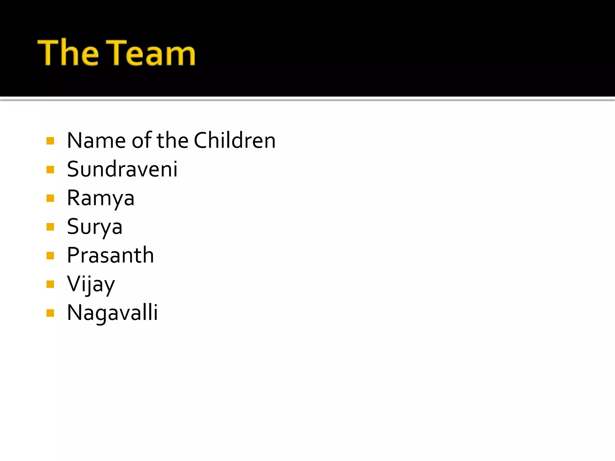  Name of the Children
 Sundraveni
 Ramya
 Surya
 Prasanth
 Vijay
 Nagavalli
 
