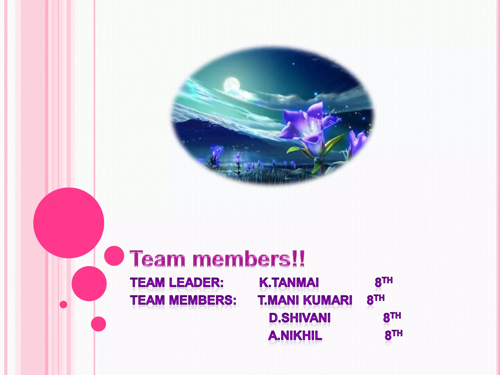 Team members!!Team leader:          K.tanmai                8thTeam members:      t.mani kumari    8th                                        d.shivani               8th                                        a.nikhil                  8th