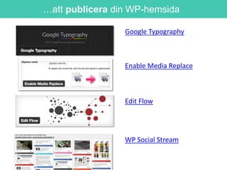 …att publicera din WP-hemsida
Google Typography

Enable Media Replace

Edit Flow

WP Social Stream

 