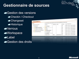 10
Gestionnaire de sources
Gestion des versions
Checkin / Checkout
Changeset
Historique
Verrous
Workspace
Label
Gestion des droits
 