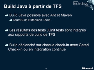 15
Build Java à partir de TFS
Build Java possible avec Ant et Maven
TeamBuild Extension Tools
Les résultats des tests JUnit tests sont intégrés
aux rapports de build de TFS
Build déclenché sur chaque check-in avec Gated
Check-in ou en intégration continue
 