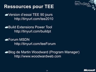 24
Ressources pour TEE
Version d’essai TEE 90 jours
http://tinyurl.com/tee2010
Build Extensions Power Tool
http://tinyurl.com/buildpt
Forum MSDN
http://tinyurl.com/teeForum
Blog de Martin Woodward (Program Manager)
http://www.woodwardweb.com
 