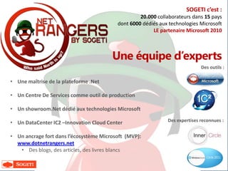 3
Une équipe d’experts
• Une maîtrise de la plateforme .Net
• Un Centre De Services comme outil de production
• Un showroom.Net dédié aux technologies Microsoft
• Un DataCenter IC2 –Innovation Cloud Center
• Un ancrage fort dans l’écosystème Microsoft (MVP):
www.dotnetrangers.net
• Des blogs, des articles, des livres blancs
Des outils :
SOGETI c’est :
20.000 collaborateurs dans 15 pays
dont 6000 dédiés aux technologies Microsoft
LE partenaire Microsoft 2010
IC²
Des expertises reconnues :
 