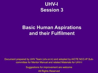 UHV-I
Session 3
Basic Human Aspirations
and their Fulfilment
Document prepared by UHV Team (uhv.or.in) and adopted by AICTE NCC-IP Sub-
committee for Mentor Manual and related Materials for UHV-I
Suggestions for improvement are welcome
All Rights Reserved
 