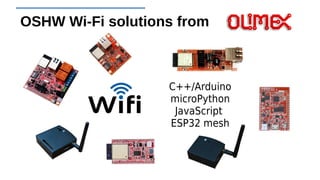 OSHW Wi-Fi solutions from
C++/Arduino
microPython
JavaScript
ESP32 mesh
 