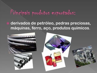 

derivados de petróleo, pedras preciosas,
máquinas, ferro, aço, produtos químicos.

 