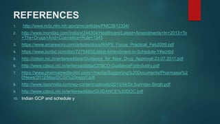 REFERENCES
1. http://www.ncbi.nlm.nih.gov/pmc/articles/PMC3612334/
2. http://www.mondaq.com/india/x/244304/Healthcare/Latest+Amendments+In+2013+To
+The+Drugs+And+Cosmetics+Rule+1945
3. https://www.amarexcro.com/articles/docs/RAPS_Focus_Practical_Feb2009.pdf
4. https://www.scribd.com/doc/7275483/Latest-Amendment-in-Schedule-Y#scribd
5. http://cdsco.nic.in/writereaddata/Guidance_for_New_Drug_Approval-23.07.2011.pdf
6. http://www.cdsco.nic.in/writereaddata/CDSCO-GuidanceForIndustry.pdf
7. https://www.pharmamedtechbi.com/~/media/Supporting%20Documents/Pharmasia%2
0News/2012/May/DCGI%20report.pdf
8. http://www.isporindia.com/wp-content/uploads/2013/04/Dr.Surinder-Singh.pdf
9. http://www.cdsco.nic.in/writereaddata/GUIDANCE%20DOC.pdf
10. Indian GCP and schedule y
 