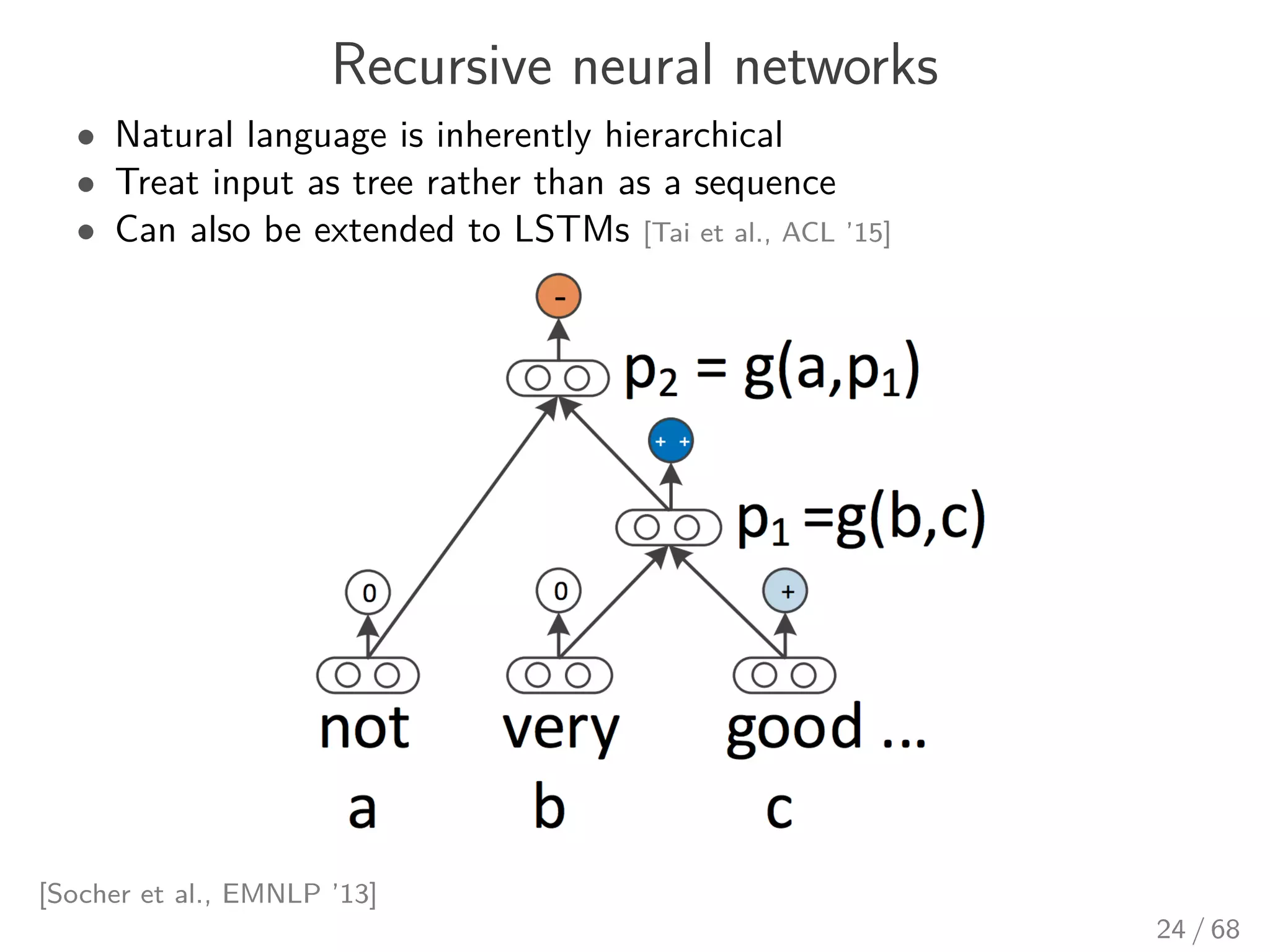 Recursive neural networks
• Natural language is inherently hierarchical
• Treat input as tree rather than as a sequence
• Can also be extended to LSTMs [Tai et al., ACL ’15]
[Socher et al., EMNLP ’13]
24 / 68
 