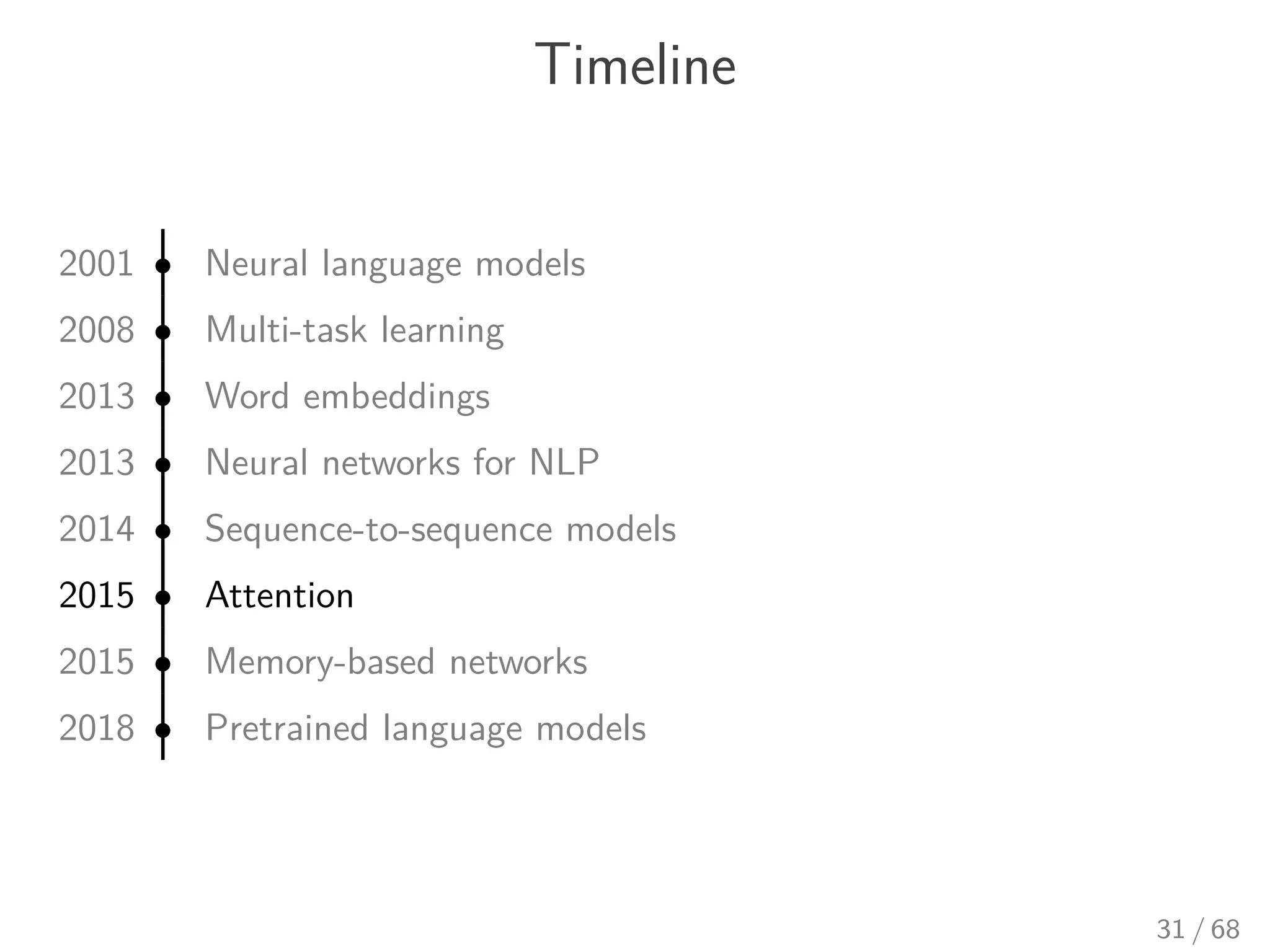 Timeline
2001 • Neural language models
2008 • Multi-task learning
2013 • Word embeddings
2013 • Neural networks for NLP
2014 • Sequence-to-sequence models
2015 • Attention
2015 • Memory-based networks
2018 • Pretrained language models
31 / 68
 