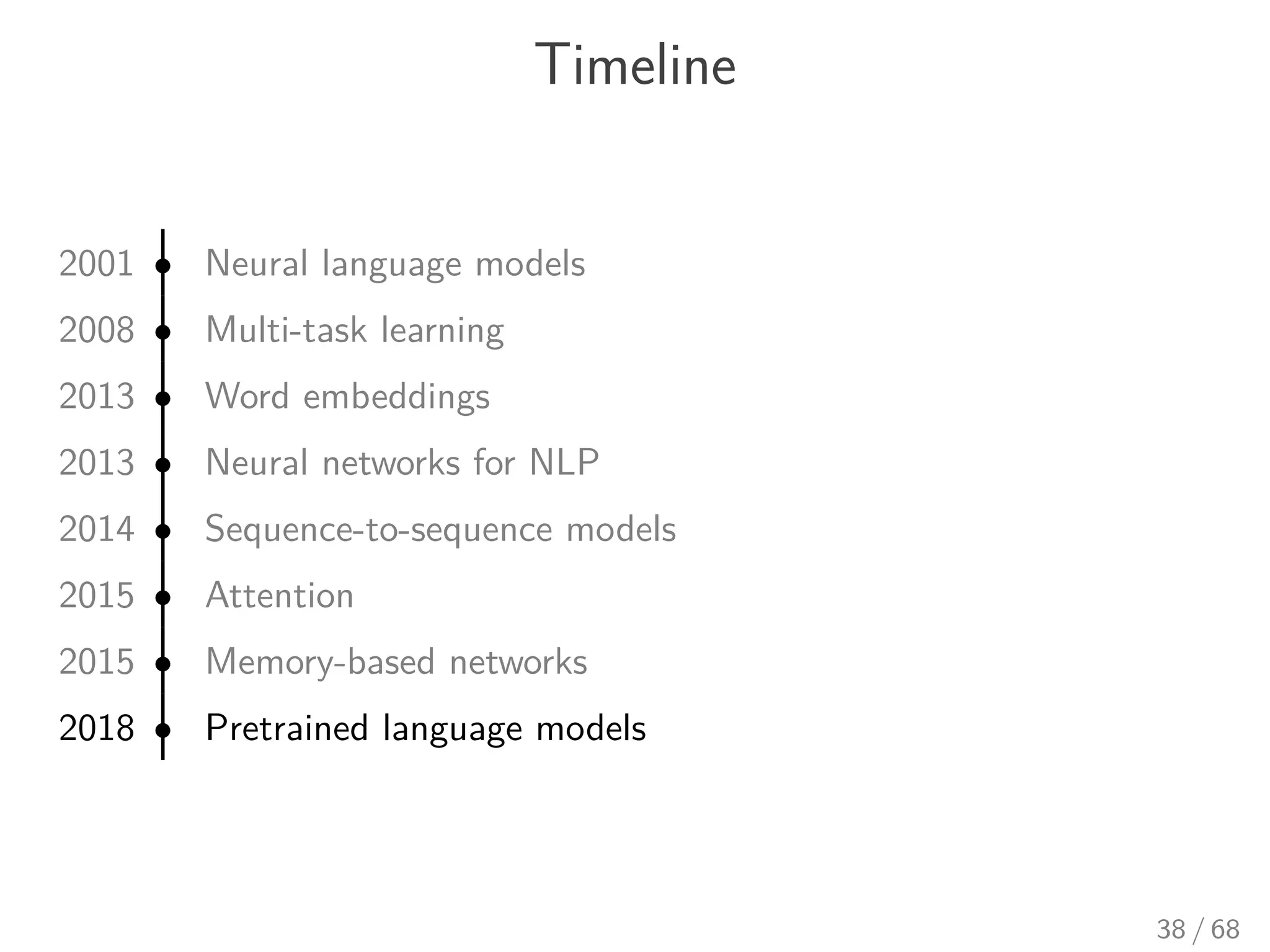 Timeline
2001 • Neural language models
2008 • Multi-task learning
2013 • Word embeddings
2013 • Neural networks for NLP
2014 • Sequence-to-sequence models
2015 • Attention
2015 • Memory-based networks
2018 • Pretrained language models
38 / 68
 