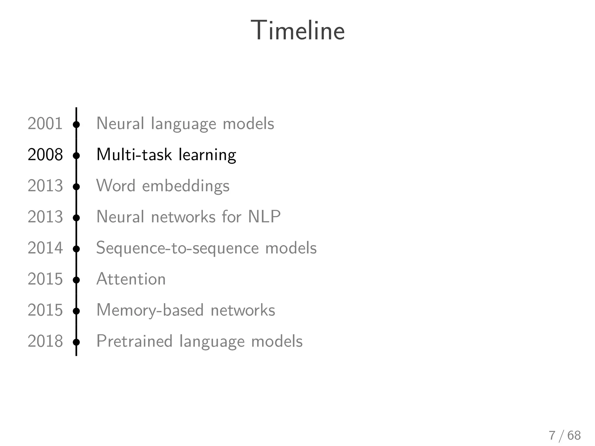 Timeline
2001 • Neural language models
2008 • Multi-task learning
2013 • Word embeddings
2013 • Neural networks for NLP
2014 • Sequence-to-sequence models
2015 • Attention
2015 • Memory-based networks
2018 • Pretrained language models
7 / 68
 