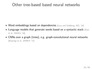 Other tree-based based neural networks
• Word embeddings based on dependencies [Levy and Goldberg, ACL ’14]
• Language models that generate words based on a syntactic stack [Dyer
et al., NAACL ’16]
• CNNs over a graph (trees), e.g. graph-convolutional neural networks
[Bastings et al., EMNLP ’17]
25 / 68
 
