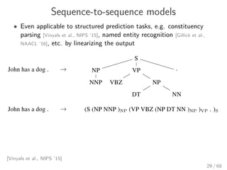 Sequence-to-sequence models
• Even applicable to structured prediction tasks, e.g. constituency
parsing [Vinyals et al., NIPS ’15], named entity recognition [Gillick et al.,
NAACL ’16], etc. by linearizing the output
[Vinyals et al., NIPS ’15]
29 / 68
 