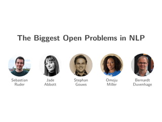 The Biggest Open Problems in NLP
Sebastian
Ruder
Jade
Abbott
Stephan
Gouws
Omoju
Miller
Bernardt
Duvenhage
 