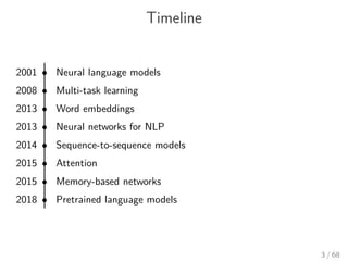 Timeline
2001 • Neural language models
2008 • Multi-task learning
2013 • Word embeddings
2013 • Neural networks for NLP
2014 • Sequence-to-sequence models
2015 • Attention
2015 • Memory-based networks
2018 • Pretrained language models
3 / 68
 