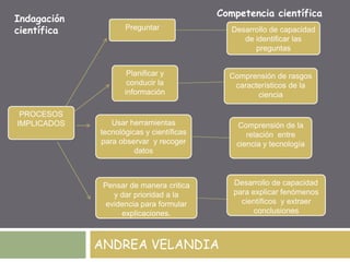 ANDREA VELANDIA
Preguntar
Planificar y
conducir la
información
Usar herramientas
tecnológicas y científicas
para observar y recoger
datos
Pensar de manera critica
y dar prioridad a la
evidencia para formular
explicaciones.
Desarrollo de capacidad
de identificar las
preguntas
Comprensión de rasgos
característicos de la
ciencia
Comprensión de la
relación entre
ciencia y tecnología
Desarrollo de capacidad
para explicar fenómenos
científicos y extraer
conclusiones
PROCESOS
IMPLICADOS
Indagación
científica
Competencia científica
 