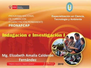 Indagación e Investigación I Mg. Elizabeth Amalia Calderón Fernández 2010 Especialización en Ciencia, Tecnología y Ambiente 