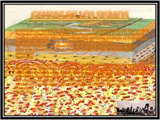 CAUSAS DE LOS SISMOSLa causa de un temblor es la liberación súbita de energía dentro del interior de la Tierra por un reacomodo de ésta. Este reacomodo se lleva a cabo mediante el movimiento relativo entre placas tectónicas. Las zonas en donde se lleva a cabo este tipo de movimiento se conocen como fallas geológicasPor rupturas de grandes dimensiones en la zona de contacto entre placas tectónicas (sismos interplaca) o bien en zonas internas de éstas (sismos intraplaca). Tectónicos La causa de un temblor es la liberación súbita de energía dentro del interior de la Tierra por un reacomodo de ésta. Este reacomodo se lleva a cabo mediante el movimiento relativo entre placas tectónicas. Las zonas en donde se lleva a cabo este tipo de movimiento se conocen como fallas geológicasPor rupturas de grandes dimensiones en la zona de contacto entre placas tectónicas (sismos interplaca) o bien en zonas internas de éstas (sismos intraplaca). Tectónicos 