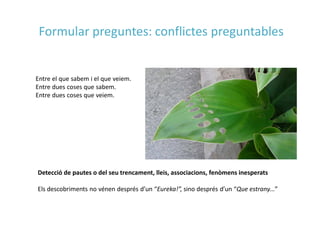 Detecció de pautes o del seu trencament, lleis, associacions, fenòmens inesperats
Els descobriments no vénen després d’un “Eureka!”, sino després d’un “Que estrany...”
Entre el que sabem i el que veiem.
Entre dues coses que sabem.
Entre dues coses que veiem.
Formular preguntes: conflictes preguntables
 