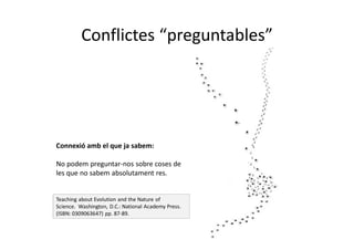 Conflictes “preguntables”
Connexió amb el que ja sabem:
No podem preguntar-nos sobre coses de
les que no sabem absolutament res.
Teaching about Evolution and the Nature of
Science. Washington, D.C.: National Academy Press.
(ISBN: 0309063647) pp. 87-89.
 