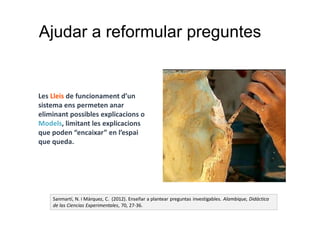 Les Lleis de funcionament d’un
sistema ens permeten anar
eliminant possibles explicacions o
Models, limitant les explicacions
que poden “encaixar” en l’espai
que queda.
Ajudar a reformular preguntes
Sanmartí, N. i Márquez, C. (2012). Enseñar a plantear preguntas investigables. Alambique, Didáctica
de las Ciencias Experimentales, 70, 27-36.
 
