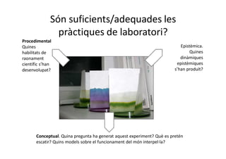 Són suficients/adequades les
pràctiques de laboratori?
Conceptual. Quina pregunta ha generat aquest experiment? Què es pretén
escatir? Quins models sobre el funcionament del món interpel·la?
Procedimental
Quines
habilitats de
raonament
científic s’han
desenvolupat?
Epistèmica.
Quines
dinàmiques
epistèmiques
s’han produït?
 