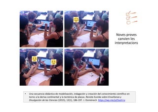 • Una secuencia didáctica de modelización, indagación y creación del conocimiento científico en
torno a la deriva continental y la tectónica de placas. Revista Eureka sobre Enseñanza y
Divulgación de las Ciencias (2015), 12(1), 186-197. J. Domènech https://wp.me/p25seH-iv
Noves proves
canvien les
interpretacions
 