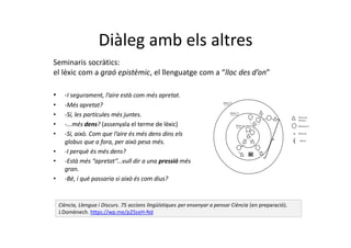 Diàleg amb els altres
Seminaris socràtics:
el lèxic com a graó epistèmic, el llenguatge com a “lloc des d’on”
Ciència, Llengua i Discurs. 75 accions lingüístiques per ensenyar a pensar Ciència (en preparació).
J.Domènech. https://wp.me/p25seH-Nd
• -I segurament, l’aire està com més apretat.
• -Més apretat?
• -Sí, les partícules més juntes.
• -...més dens? (assenyala el terme de lèxic)
• -Sí, això. Com que l’aire és més dens dins els
globus que a fora, per això pesa més.
• -I perquè és més dens?
• -Està més “apretat”...vull dir a una pressió més
gran.
• -Bé, i què passaria si això és com dius?
 