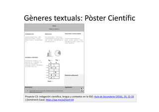 Gèneres textuals: Pòster Científic
Proyecto C3: indagación científica, lengua y contextos en la ESO. Aula de Secundaria (2016), 19, 15-19.
J.Domènech-Casal. https://wp.me/p25seH-kX
 
