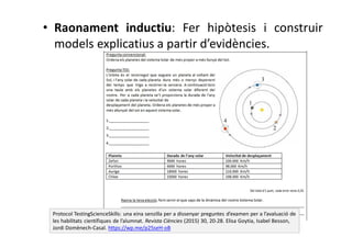 • Raonament inductiu: Fer hipòtesis i construir
models explicatius a partir d’evidències.
Protocol TestingScienceSkills: una eina senzilla per a dissenyar preguntes d’examen per a l’avaluació de
les habilitats científiques de l’alumnat. Revista Ciències (2015) 30, 20-28. Elisa Goytia, Isabel Besson,
Jordi Domènech-Casal. https://wp.me/p25seH-oB
 