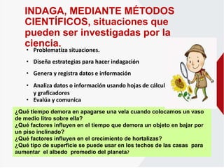 INDAGA, MEDIANTE MÉTODOS
CIENTÍFICOS, situaciones que
pueden ser investigadas por la
ciencia.
• Problematiza situaciones.
• Diseña estrategias para hacer indagación.
• Genera y registra datos e información
• Analiza datos o información usando hojas de cálculo
y graficadores
• Evalúa y comunica
¿Qué tiempo demora en apagarse una vela cuando colocamos un vaso
de medio litro sobre ella?
¿Qué factores influyen en el tiempo que demora un objeto en bajar por
un piso inclinado?
¿Qué factores influyen en el crecimiento de hortalizas?
¿Qué tipo de superficie se puede usar en los techos de las casas para
aumentar el albedo promedio del planeta?
 