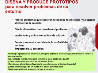 DISEÑA Y PRODUCE PROTOTIPOS
para resolver problemas de su
entorno
• Plantea problemas que requieren soluciones tecnológicas y selecciona
alternativas de solución
• Diseña alternativas que resuelvan el problema.
• Implementa y valida alternativas de solución
• Evalúa y comunica la eficiencia, la confiabilidad y los
posibles
impactos de su prototipo
Tecnología agropecuaria, ambiental, energía y potencia, biotecnología, construcción, control y
automatización
¿Qué método es más eficaz para eliminar la placa bacteriana bucal?
¿Cómo sembramos hortalizas en un terreno árido?
¿Qué tipo de alimentación favorece la reproducción de animales de granja?
¿Cómo llevamos agua de un punto más bajo a otro más alto?
Medicina tradicional, andenes, cochas, acueductos,..
 