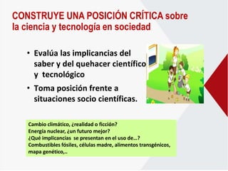 CONSTRUYE UNA POSICIÓN CRÍTICA sobre
la ciencia y tecnología en sociedad
• Toma posición frente a
situaciones socio científicas.
• Evalúa las implicancias del
saber y del quehacer científico
y tecnológico
Cambio climático, ¿realidad o ficción?
Energía nuclear, ¿un futuro mejor?
¿Qué implicancias se presentan en el uso de…?
Combustibles fósiles, células madre, alimentos transgénicos,
mapa genético,..
 