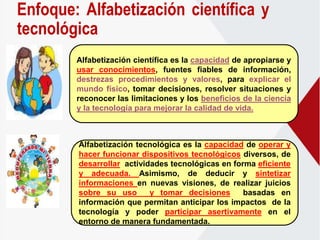Enfoque: Alfabetización científica y
tecnológica
Alfabetización tecnológica es la capacidad de operar y
hacer funcionar dispositivos tecnológicos diversos, de
desarrollar actividades tecnológicas en forma eficiente
y adecuada. Asimismo, de deducir y sintetizar
informaciones en nuevas visiones, de realizar juicios
sobre su uso y tomar decisiones basadas en
información que permitan anticipar los impactos de la
tecnología y poder participar asertivamente en el
entorno de manera fundamentada.
Alfabetización científica es la capacidad de apropiarse y
usar conocimientos, fuentes fiables de información,
destrezas procedimientos y valores, para explicar el
mundo físico, tomar decisiones, resolver situaciones y
reconocer las limitaciones y los beneficios de la ciencia
y la tecnología para mejorar la calidad de vida.
 