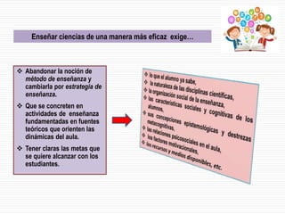  Abandonar la noción de
método de enseñanza y
cambiarla por estrategia de
enseñanza.
 Que se concreten en
actividades de enseñanza
fundamentadas en fuentes
teóricos que orienten las
dinámicas del aula.
 Tener claras las metas que
se quiere alcanzar con los
estudiantes.
Enseñar ciencias de una manera más eficaz exige…
 