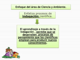 Enfoque del área de Ciencia y Ambiente.
Enfatiza procesos de
indagación científica.
El aprendizaje a través de la
indagación , permite que se
desarrollen procesos de
pensamiento que los científicos
emplean para producir nuevos
conocimientos.
 