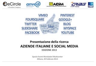 Presentazione della ricerca
AZIENDE ITALIANE E SOCIAL MEDIA
                EDIZIONE 2013

      Spazio Eventi Mondadori Multicenter
            Milano, 20 Febbraio 2013
 