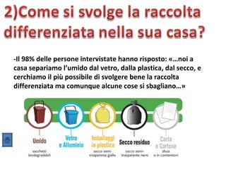 -Il 98% delle persone intervistate hanno risposto: «…noi a
casa separiamo l’umido dal vetro, dalla plastica, dal secco, e
cerchiamo il più possibile di svolgere bene la raccolta
differenziata ma comunque alcune cose si sbagliano…»
 