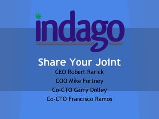 Share Your Joint
CEO Robert Rarick
COO Mike Fortney
Co-CTO Garry Dolley
Co-CTO Francisco Ramos
 