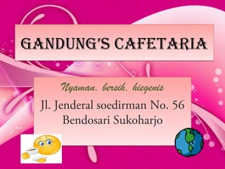 GandunG’s Cafetaria

        Nyaman, bersih, hiegenis
  Jl. Jenderal soedirman No. 56
        Bendosari Sukoharjo
 